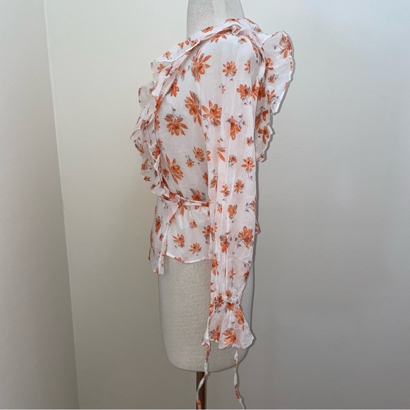 Free People NWT Floral Romantic Cottage Core Orange/White Ruffle Wrap Top XS/S - Picture 3 of 16